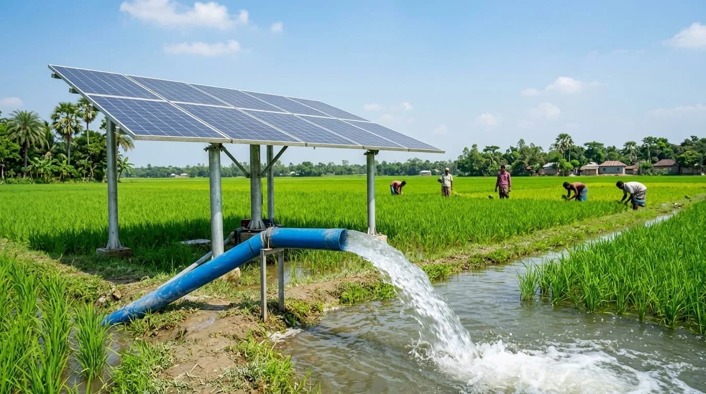 Solar-Powered Irrigation Pump System in Green Farmland in Bangladesh