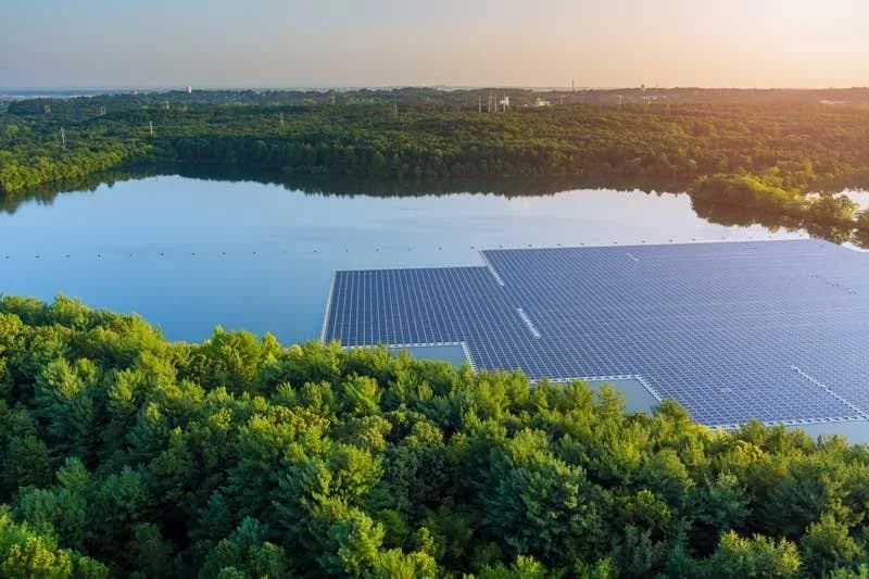 Aerial view of high-efficiency Floating Solar Photovoltaic Farm on water reservoir