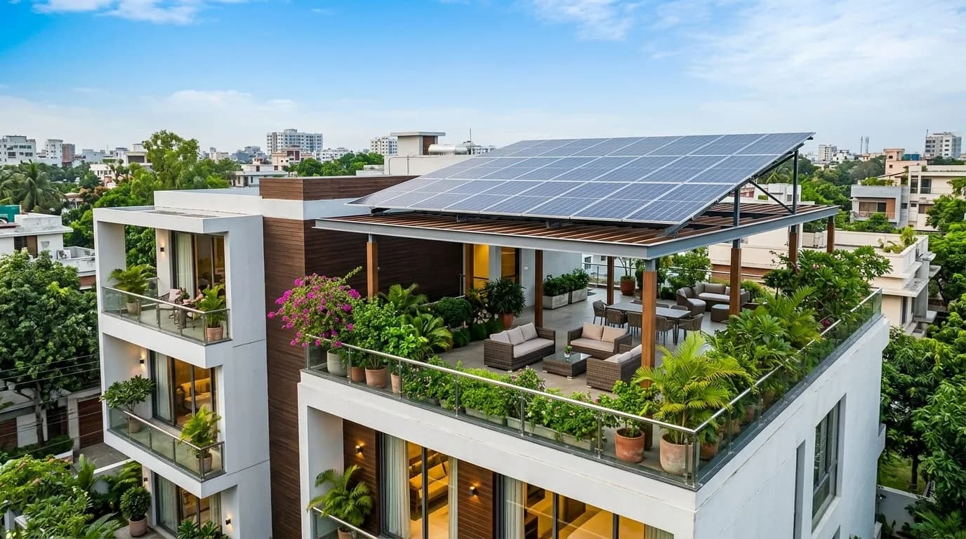 Modern Luxury Residential Duplex Villa Rooftop Solar Pergola & Terrace Garden